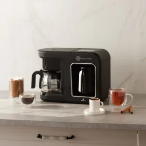 Machine à café turque Hatır Plus 5 en 1 avec charbon et lait, et cafetière à filtre, chrome noir