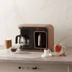 Machine à café Hatır Plus 5 en 1 Machine à café turc parlante avec charbon, lait et filtre, couleur cuivre noir